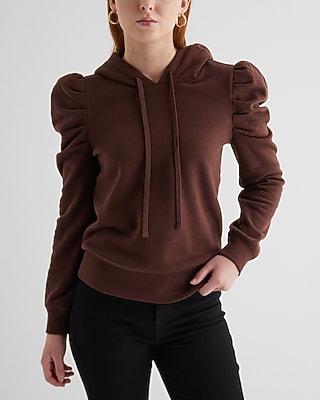 Skimming Puff Sleeve Fleece Hoodie Brown Women's M