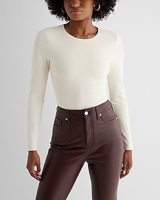 Bodycon High Compression Crew Neck Long Sleeve Bodysuit White Women's L