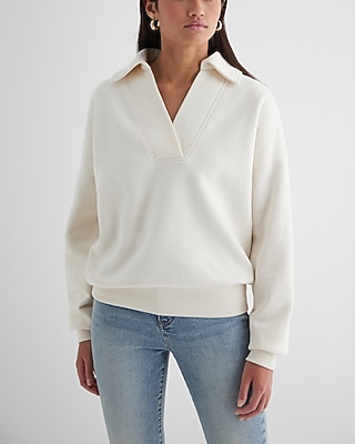 Relaxed V-Neck Fleece Polo Sweatshirt White Women's S