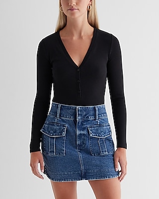 Fitted Ribbed V-Neck Henley Bodysuit Black Women's M