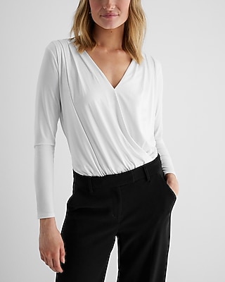 V-Neck Long Sleeve Faux Wrap Bodysuit White Women's XL