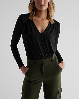 V-Neck Long Sleeve Faux Wrap Bodysuit