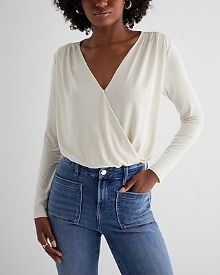 V-Neck Long Sleeve Faux Wrap Bodysuit White Women's XS