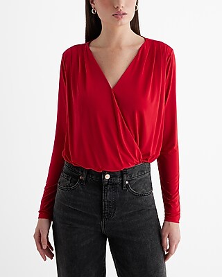 V-Neck Long Sleeve Faux Wrap Bodysuit Red Women's M