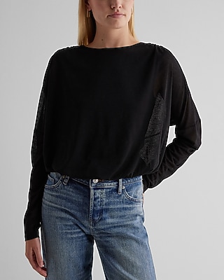 Skimming Long Sleeve Ruched Shoulder Bubble Tee Black Women's M