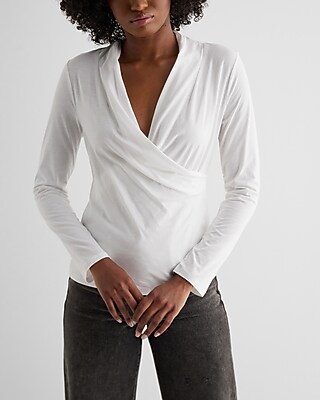 Skimming Cotton V-Neck Long Sleeve Surplice Tee White Women's L