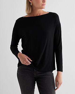 Supersoft Relaxed Boat Neck Long Sleeve Tee Black Women's XL