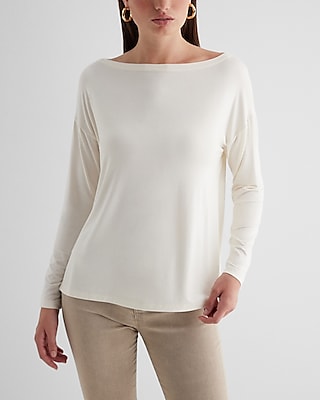 Express Supersoft Relaxed Boat Neck Long Sleeve Tee White Women's