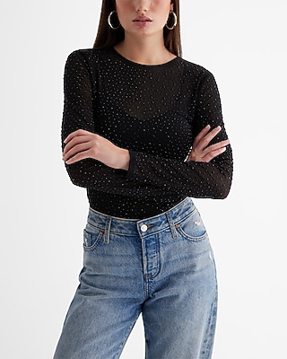 Fitted Rhinestone Mesh Crew Neck Long Sleeve Tee Black Women's S