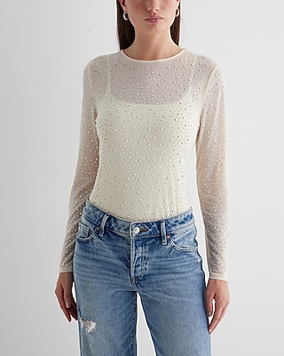 Fitted Rhinestone Mesh Crew Neck Long Sleeve Tee
