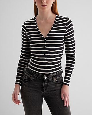 Striped Fitted Ribbed V-Neck Henley Bodysuit