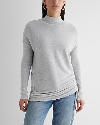 Ribbed Cozy Knit Mock Neck Cinched Side Top Gray Women's S