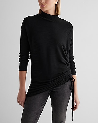 Ribbed Cozy Knit Mock Neck Cinched Side Top Women's