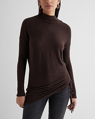 Ribbed Cozy Knit Mock Neck Cinched Side Top Brown Women's M