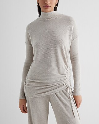 Ribbed Cozy Knit Mock Neck Cinched Side Top Gray Women's M