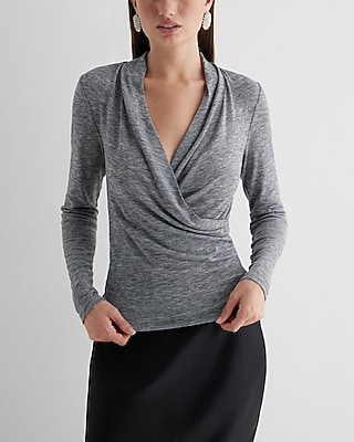 Skimming V-Neck Long Sleeve Surplice Tee Gray Women's S