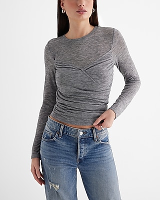 Fitted Crew Neck Wrap Front Tee Gray Women's S