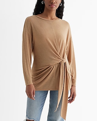 Skimming Crew Neck Long Sleeve Tie Front Tee Brown Women's S