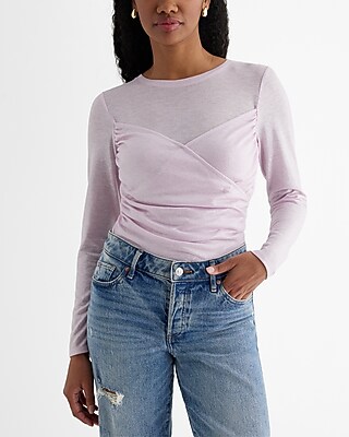 Fitted Shine Crew Neck Faux Wrap Front Tee