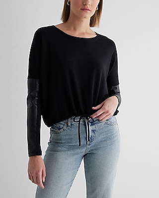 Crew Neck Faux Leather Patch Cinched Hem Tee