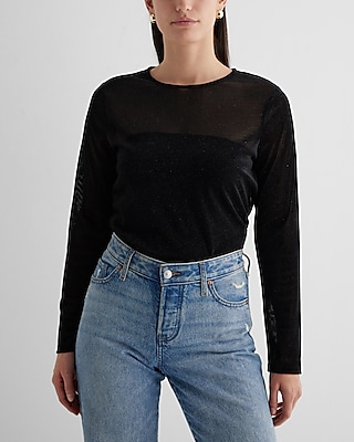Sheer Shine Crew Neck Long Sleeve Tee Black Women's S