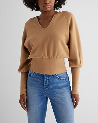 V-Neck Banded Bottom Fleece Sweatshirt Brown Women's M