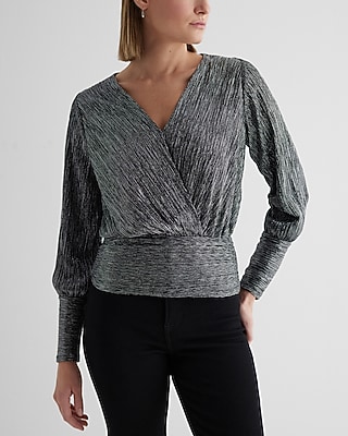 Metallic V-Neck Long Sleeve Surplice Top Black Women's XL