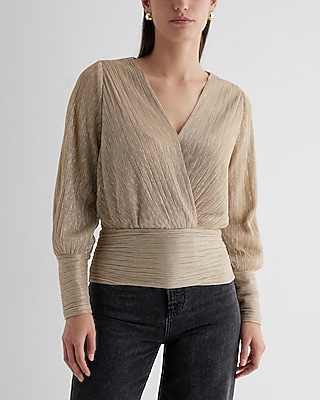Metallic V-Neck Long Sleeve Surplice Top