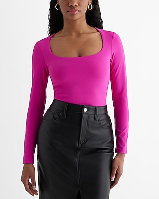 Bodycon High Compression Scoop Neck Long Sleeve Bodysuit Pink Women's M