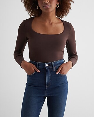 Bodycon High Compression Scoop Neck Long Sleeve Bodysuit Brown Women's XS