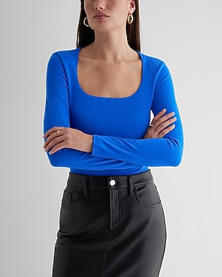 Bodycon High Compression Scoop Neck Long Sleeve Bodysuit Blue Women's XL