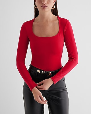 Bodycon High Compression Scoop Neck Long Sleeve Bodysuit Red Women's S