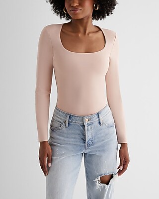 Bodycon High Compression Scoop Neck Long Sleeve Bodysuit Black Women's L