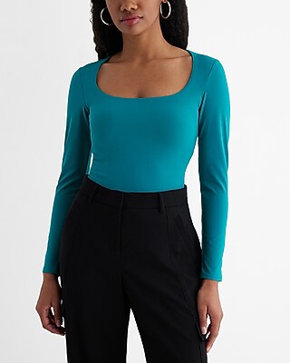 Bodycon High Compression Scoop Neck Long Sleeve Bodysuit Blue Women's M