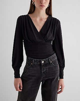 Skimming Surplice V-Neck Ruched Bodysuit Black Women's S