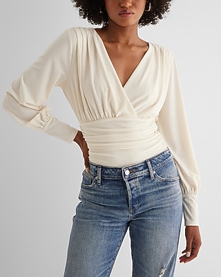 Skimming Surplice V-Neck Ruched Bodysuit White Women's XL