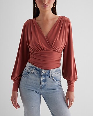 Skimming Surplice V-Neck Ruched Bodysuit Pink Women's XS