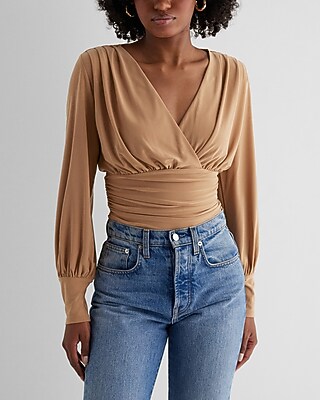 Skimming Surplice V-Neck Ruched Bodysuit Brown Women's XS