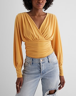 Skimming Surplice V-Neck Ruched Bodysuit Orange Women's XS