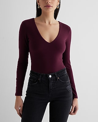 Bodycon Cozy V-Neck Long Sleeve Bodysuit Red Women's XL