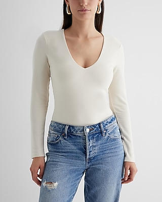 Bodycon Cozy V-Neck Long Sleeve Bodysuit Neutral Women's M