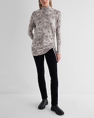 Printed Ribbed Cozy Knit Mock Neck Cinched Side Top