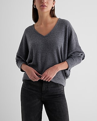 Waffle V-Neck Long Sleeve Tunic London Tee Gray Women's XS