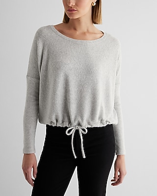 Ribbed Cozy Knit Crew Neck Cinched Hem Top Gray Women's M