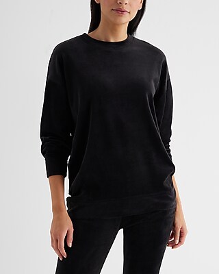 Relaxed Velour Oversized Crew Neck Sweatshirt Black Women's XS