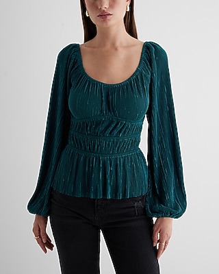 Skimming Scoop Neck Balloon Sleeve Pleated Top Green Women's L