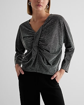 Metallic V-Neck Long Sleeve Twist Front Draped Top Black Women's S