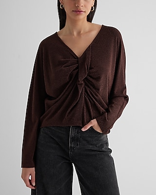 Metallic V-Neck Long Sleeve Twist Front Draped Top Brown Women's XS