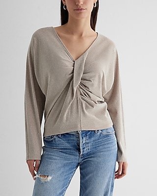 Metallic V-Neck Long Sleeve Twist Front Draped Top Brown Women's XL