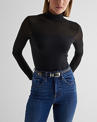 Fitted Mesh Pieced Mock Neck Long Sleeve Bodysuit Black Women's L